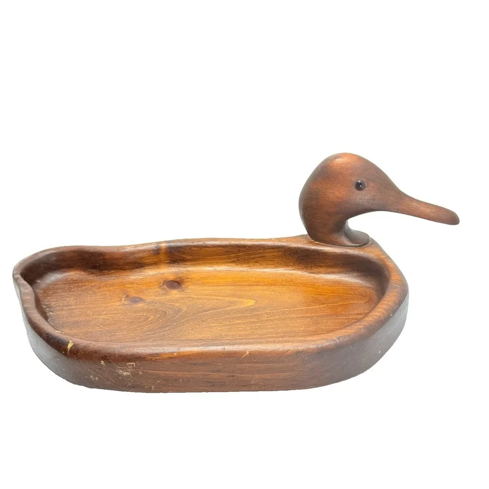 Vintage Hand Carved Wooden Duck Catchall Tray MCM Danish Modern Valet Dish 13